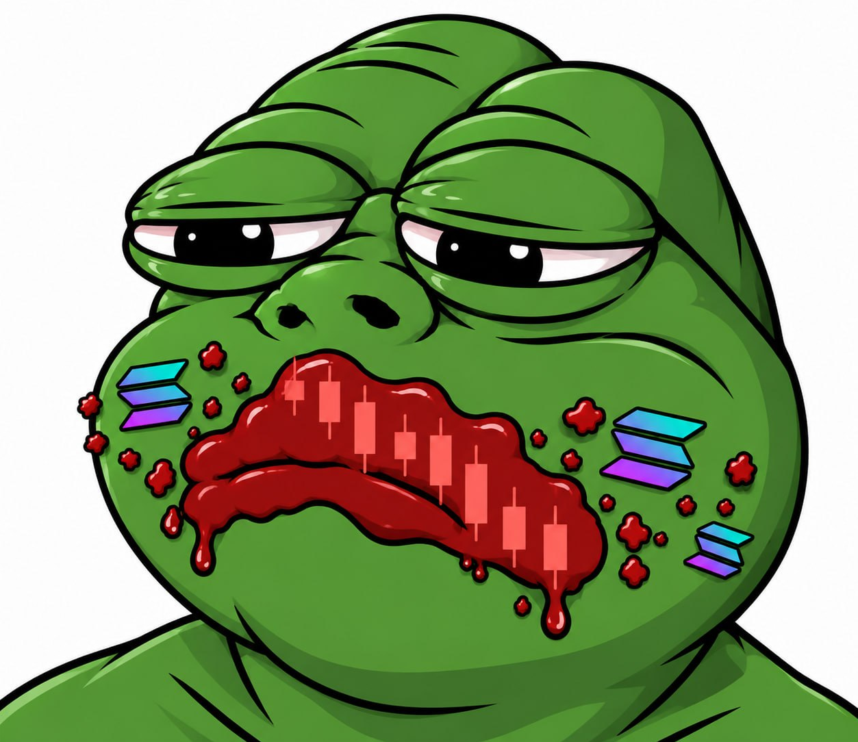 A weary green frog with a falling red candlestick chart across its mouth and Solana symbols on its cheeks